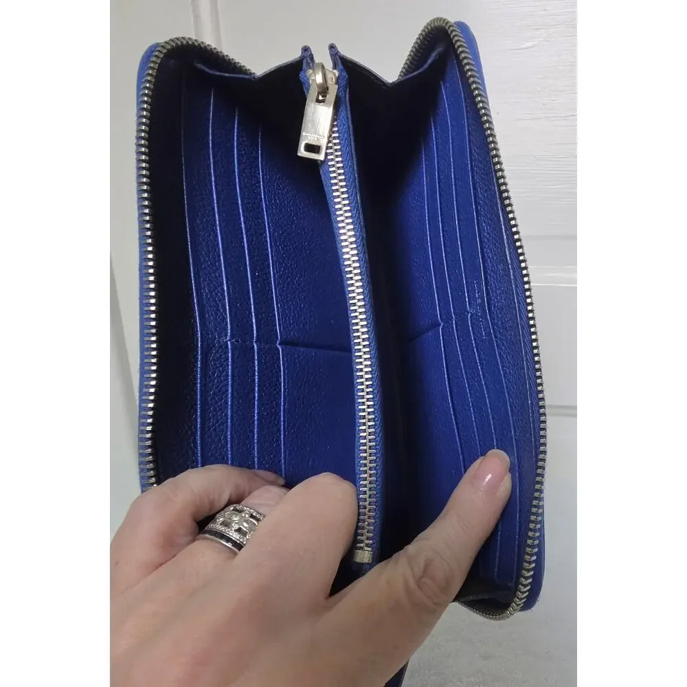 Saint Laurent YSL Women’s Blue Solid Leather Zip-Around Wallet w/ COA